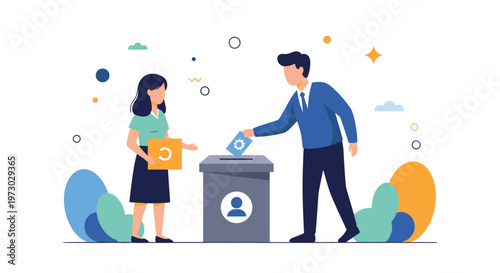 Two people are casting their votes into a ballot box during an election process to choose their representative or leader.