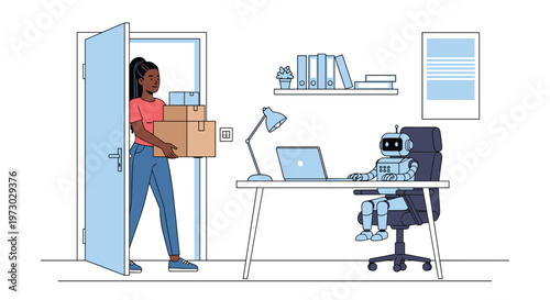 African American woman carrying cardboard boxes enters an office where a smart robot is working on a laptop at a desk.
