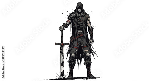 Dark Warrior with Sword, Hooded Figure, Fantasy Art