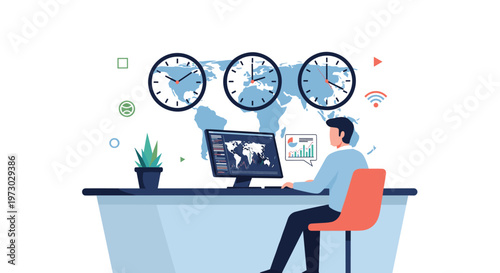 Professional man works at his desk on a computer with a world map and multiple timezone clocks on the wall behind him.