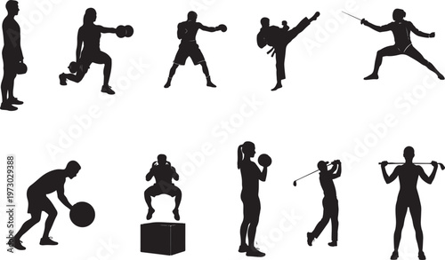 A collection of various athletic silhouettes depicting diverse sports and fitness training activities