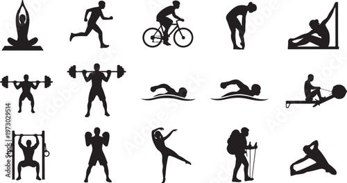A collection of black silhouettes depicting various physical activities and exercise movements.