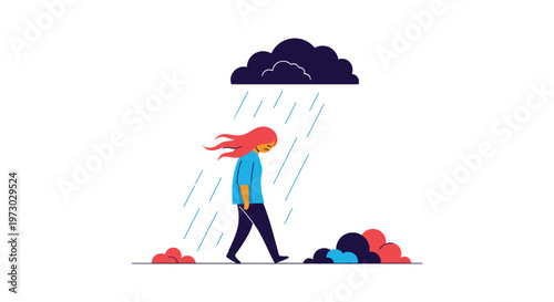 Somber person with pink hair walks alone through the rain falling from a single dark cloud overhead on a white background.