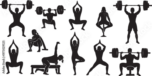 A collection of black silhouettes showing various people performing athletic gym exercises