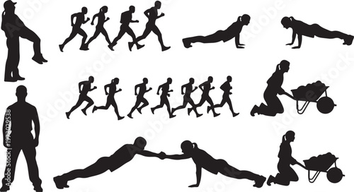 A collection of various human silhouettes demonstrating athletic activities and daily labor tasks.