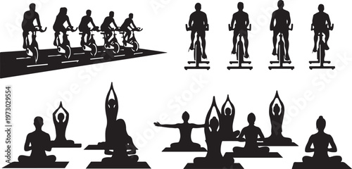 A collection of black silhouettes showing people exercising on stationary bikes and doing yoga poses