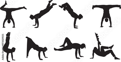 Gymnast Silhouettes Vector Set, Acrobat and Yoga Pose Black Icons Collection, Fitness and Street Workout Positions