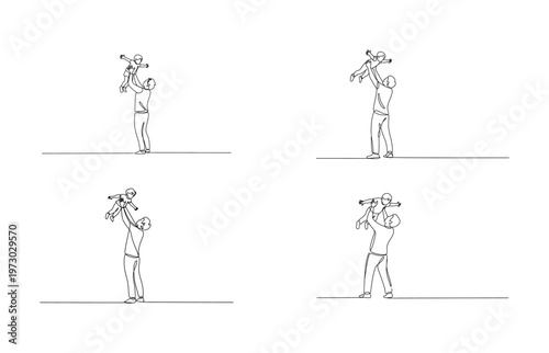 Father Lifting Child Single Line Drawing Set playing