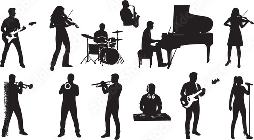 A collection of various musicians and musical performers depicted in black silhouette on white