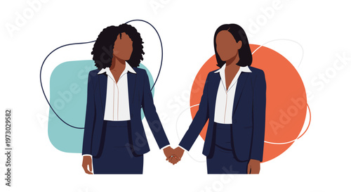 Two professional women in dark business suits hold hands in a gesture of partnership and solidarity against an abstract background.