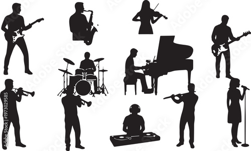 black silhouettes showing various musicians playing different musical instruments.