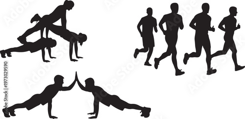 People silhouettes doing gym workout and weightlifting exercises