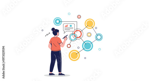 Woman analyzes a complex network of colored circles and lines on a digital interface using a stylus pen for data visualization.