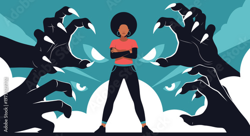 Brave woman stands with her arms crossed facing large shadowy monster hands and staring eyes in a dark atmosphere.