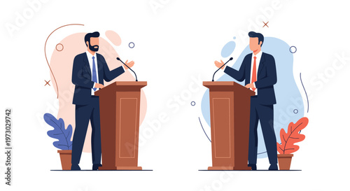 Two men in professional suits stand at podiums with microphones while engaging in a formal public debate or speech.