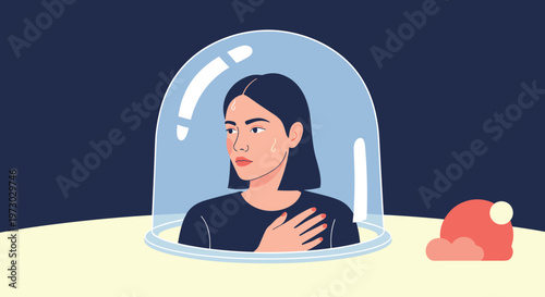 Anxious woman trapped inside a transparent glass dome looks out with worry against a dark blue background.