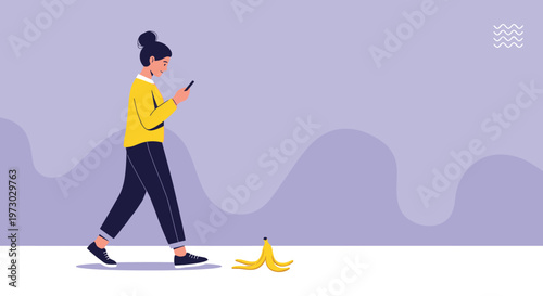 Distracted woman walking while looking at her smartphone is unaware of a banana peel lying directly in her path.