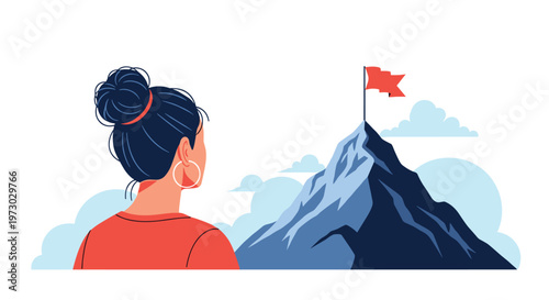 Young woman with her hair in a bun gazes towards a distant mountain peak with a red flag marking her goal.