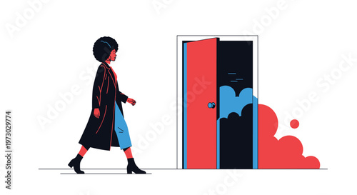 Stylized woman in a long coat walks confidently towards a bright open doorway leading into a dark mysterious space.