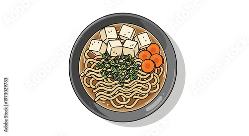 Vegan Noodle Bowl with Tofu and Vegetables in Illustration Style