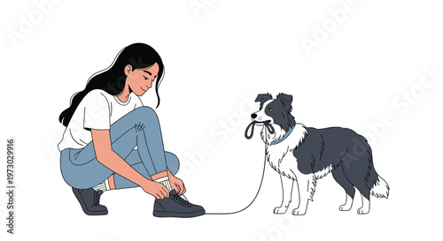Active woman crouches down to tie her sneaker laces while her loyal border collie dog stands patiently waiting with its leash in its mouth.
