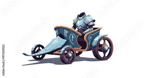 Fantasy chariot driven by an empty suit of blue magical armor with white runes
