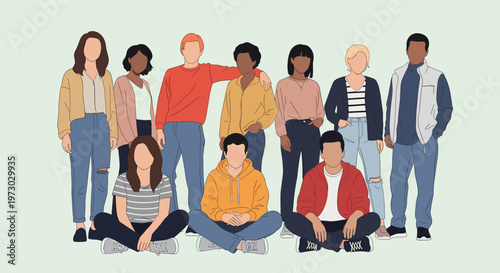 Large group of diverse young people from different ethnic backgrounds standing together in a friendly community against a simple background.