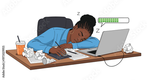 Overworked woman sleeps at her office desk over a laptop with a low battery notification while surrounded by piles of crumpled paper waste.