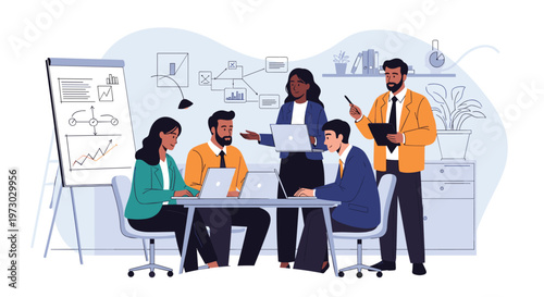 Multiethnic group of business professionals collaborating and sharing ideas during a productive meeting in a modern office environment.