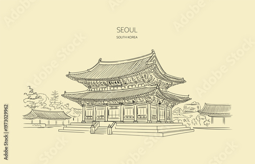 Sketch of Gyeongbokgung Palace in Seoul South Korea traditional
