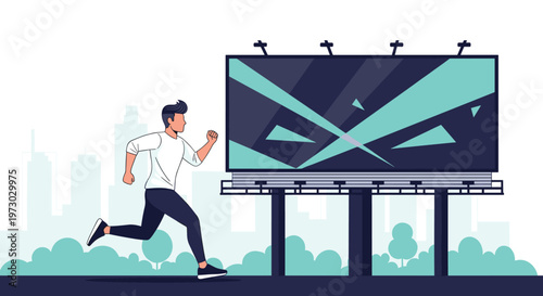 Fit man in athletic clothing jogging past a large outdoor advertising billboard featuring an abstract geometric design in a city park.