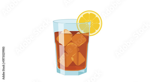 Refreshing iced tea with lemon in a glass, isolated on white background.