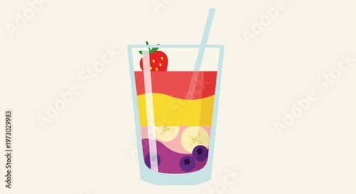 Colorful layered fruit drink with fresh berries and banana slices