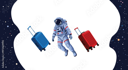 Astronaut floats weightlessly in the vast darkness of outer space between a blue and a red suitcase against a background of distant stars.