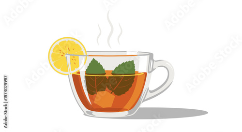 Hot herbal tea in a clear glass cup with lemon and mint leaves, steaming gently.