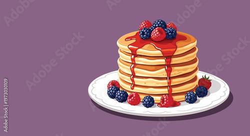 Large stack of delicious golden pancakes served on a white plate topped with fresh berries and drizzled with sweet red fruit syrup.