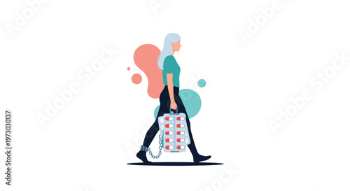 Symbolic illustration of a woman walking while carrying a large pack of pills like a suitcase while her ankle is chained to the medication.