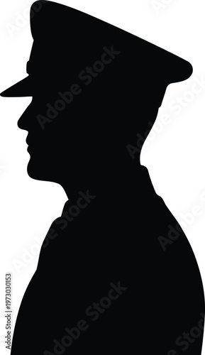 Silhouette profile of a man wearing a peaked cap and uniform collar isolated on transparent background