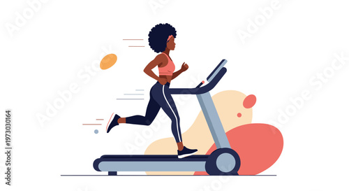 Athletic African American woman running on a modern treadmill for a cardio workout session against a background of soft abstract shapes.