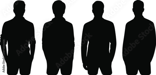 Four distinct male silhouettes standing side by side wearing smart casual shirts and trousers isolated on transparent background