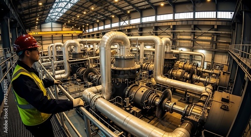 Industrial plant equipment and steel pipeline interior view