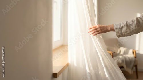 Hand opening sheer white curtain at bright home window with soft morning light and clean copy space