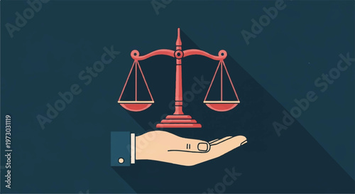 Justice, law, balance scales, hand, icon, symbol, illustration, vector graphics