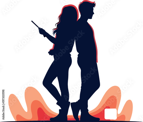 Vector Silhouette Illustration of a Stylish Couple Standing Back to Back, Young Man and Woman with a Magic Wand Against a Fiery Abstract Background, Isolated Concept for Fantasy and Romance