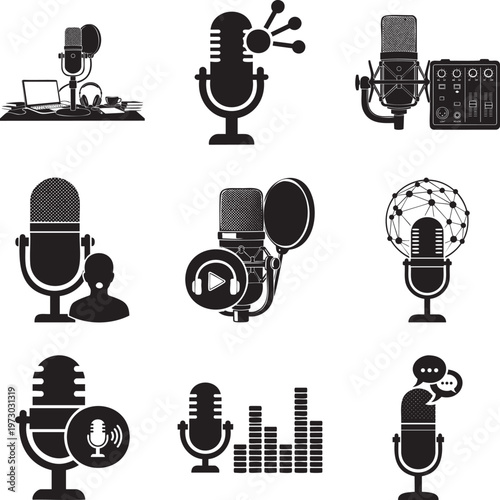 Black and white podcast and audio recording set featuring microphones, mixers, and sound waves msea set