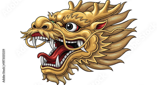 Fierce Golden Chinese Dragon Head Illustration