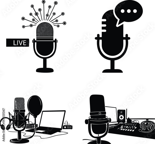 Black and white podcast and broadcasting featuring microphones, sound mixers, and laptop setups msea set