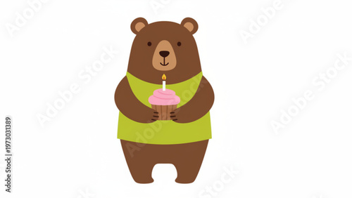 A cute brown bear holding a birthday cupcake with a candle on it. Perfect for birthday and any design needs