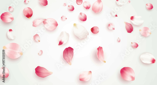 Soft pink and white flower petals gently fall against a white background.