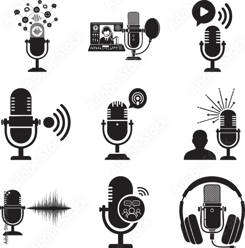 Set of black and white podcast and broadcasting featuring microphones, sound waves, and headsets msea set
